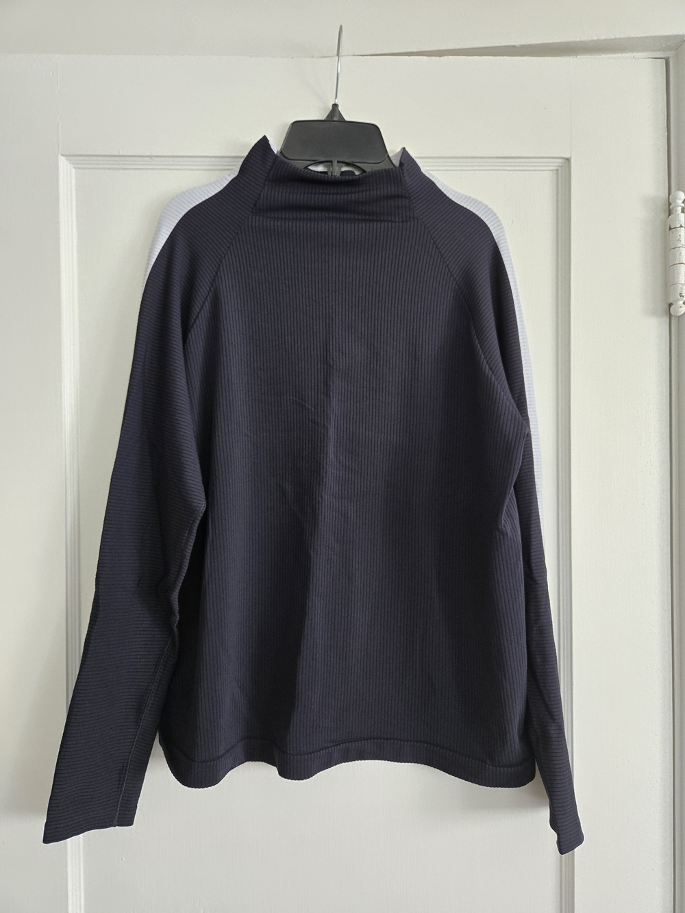 Athleta Black Long Sleeve Ribbed Mock Neck Top with White Shoulder Panels